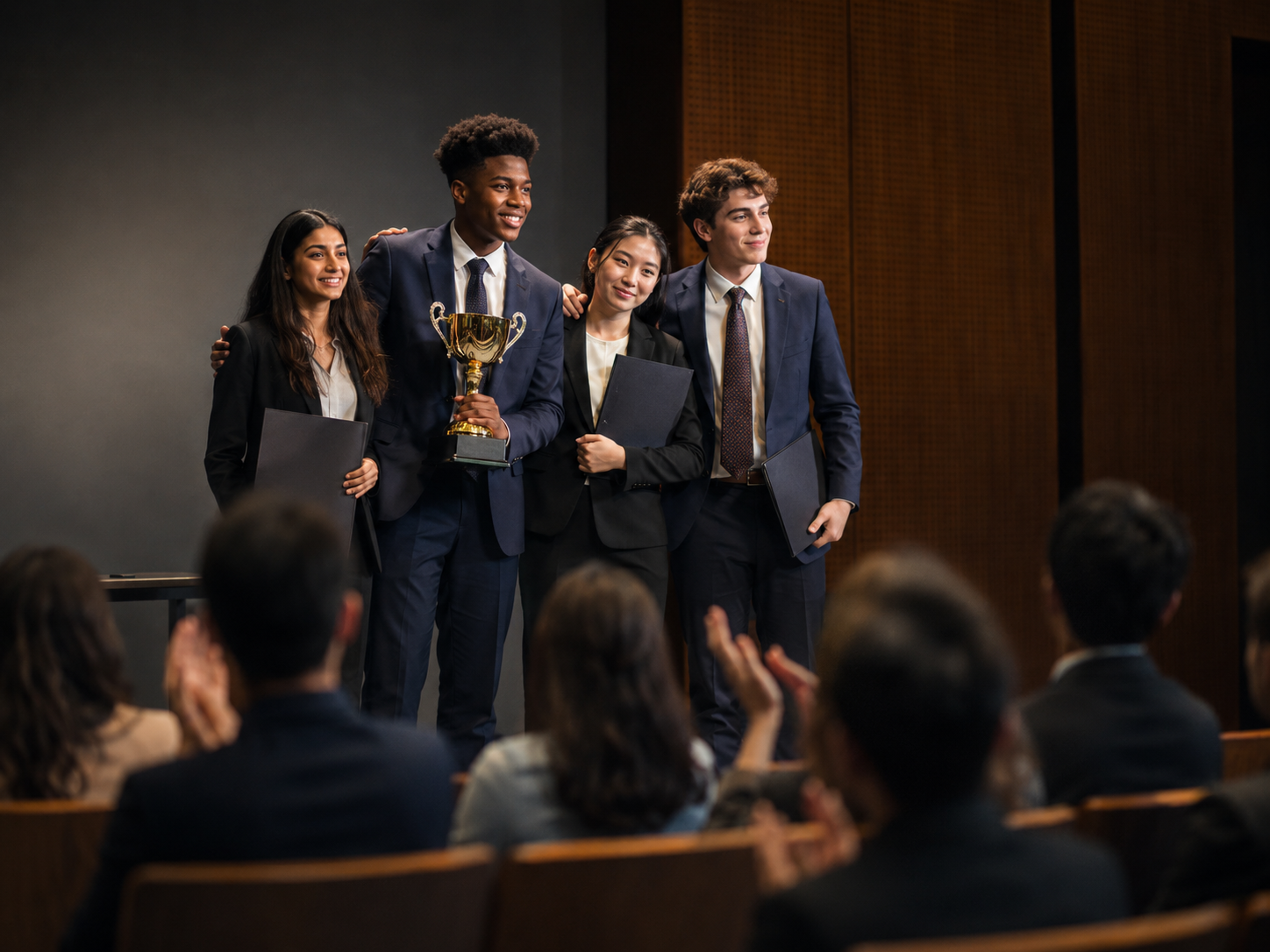 Winning debate team celebrating with a trophy in an auditorium