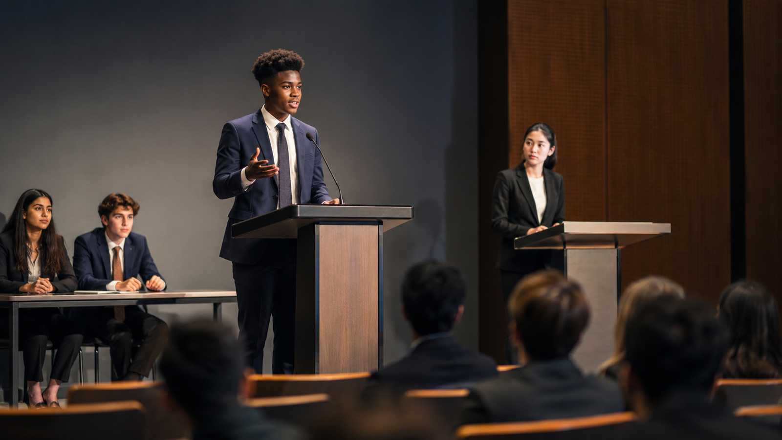Formal student debate in an auditorium with podiums